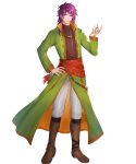  1boy bangs black_shirt boots brown_footwear coat fire_emblem fire_emblem:_the_binding_blade fire_emblem_heroes full_body green_coat hairband hand_up highres hugh_(fire_emblem) ichibi long_hair long_sleeves looking_at_viewer male_focus non-web_source official_art open_clothes open_coat pants purple_hair red_sash sash shirt smile solo standing transparent_background violet_eyes white_pants 