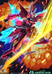  absurdres aegis_gundam clenched_hands explosion flying glowing glowing_eyes green_eyes gundam gundam_arsenal_base gundam_seed highres mecha mechanical_wings mobile_suit official_art solo sparks v-fin wings yasukuni_kazumasa 