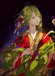  1other absurdres ambiguous_gender androgynous bangs black_background chinese_commentary enkidu_(fate) fate/grand_order fate/strange_fake fate_(series) gradient gradient_background green_eyes green_hair hair_ornament highres japanese_clothes kimono layered_clothing layered_kimono long_hair long_sleeves looking_away looking_to_the_side ribbon smile solo type-moon very_long_hair xumeng60429 