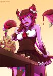  1girl bangs breasts brown_background brown_hair brown_skirt colored_skin cowboy_shot evelynn_(league_of_legends) fangs food fruit gradient gradient_background league_of_legends medium_breasts multicolored_hair official_alternate_costume open_mouth orange_eyes pink_hair pink_skin pleated_skirt simple_background skirt solo standing strawberry sugar_rush_evelynn teeth tongue vmat 