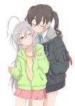  2girls ;d absurdres ahoge biting black_hair black_jacket blush closed_eyes cowboy_shot ear_biting green_jacket grey_hair hand_in_pocket highres hood hooded_jacket hoshi_syoko idolmaster idolmaster_cinderella_girls jacket looking_at_another mole mole_under_eye multiple_girls one_eye_closed simple_background smile sunazuka_akira twintails wasabijoyu76 white_background yuri 