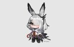  1girl :&lt; animal_ears arknights black_footwear black_gloves black_pants boots chibi coat commentary daba_(0dbdbx) detached_sleeves ear_ornament frostnova_(arknights) gloves grey_background grey_eyes grey_hair grey_shirt hair_ornament hair_over_one_eye hairclip holding long_hair looking_at_viewer pants rabbit_ears scar scar_on_face scar_on_nose shirt simple_background solo twitter_username white_coat 