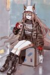  1326496175 1girl :d absurdres arknights black_footwear boots braid brown_hair brown_jacket brown_scarf brown_shirt brown_shorts burger ceobe_(arknights) ceobe_(unfettered)_(arknights) chain commentary ears_through_headwear fang food full_body hand_up highres holding holding_food jacket looking_at_viewer official_alternate_costume open_clothes open_jacket open_mouth oripathy_lesion_(arknights) red_eyes scarf shirt shorts skin_fang smile twin_braids white_headwear 