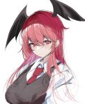  1girl bangs black_vest breasts closed_mouth eyebrows_visible_through_hair hair_between_eyes head_wings itsudatte_8ban koakuma large_breasts light_blush light_smile long_hair looking_at_viewer necktie one-hour_drawing_challenge red_eyes red_necktie redhead shirt simple_background sketch solo touhou upper_body vest white_background white_shirt wing_collar 
