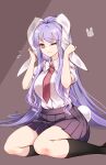  1girl ;| animal_ears arms_up bangs black_legwear blush closed_mouth collared_shirt eyelashes flying_sweatdrops highres holding_ears knees light_purple_hair lips long_hair looking_at_viewer miniskirt necktie one_eye_closed pleated_skirt purple_skirt rabbit_ears rabbit_tail raptor7 red_eyes red_necktie reisen_udongein_inaba shiny shiny_hair shirt short_sleeves sitting skirt socks solo symbol-only_commentary tail touhou wavy_mouth white_shirt wing_collar 