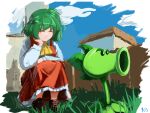  ^_^ ascot breasts brown_footwear closed_eyes collared_shirt commentary_request danlamdae frilled_skirt frills grass green_hair happy kazami_yuuka long_skirt long_sleeves medium_breasts open_clothes open_vest plants_vs_zombies red_skirt red_vest shirt skirt smile touhou vest white_shirt yellow_ascot 