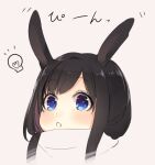  1girl animal_ears ao_no_neko bangs black_hair blue_eyes blush buttons ears_down eyebrows_visible_through_hair face idea light_bulb long_hair lowres original rabbit_ears scarf shiny shiny_hair simple_background solo straight_hair upper_body 