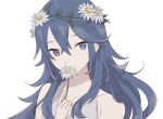  1girl bare_shoulders blue_eyes blue_hair collarbone covering_mouth dress eyebrows_visible_through_hair fire_emblem fire_emblem_awakening fire_emblem_heroes flower hair_between_eyes hair_flower hair_ornament long_hair looking_at_viewer lucina_(fire_emblem) menoko official_alternate_costume sleeveless sleeveless_dress symbol-shaped_pupils symbol_in_eye white_background white_dress 
