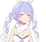  1girl :&gt; animal_ear_fluff animal_ears bangs blue_hair blush braid breasts dress fur_scarf half-closed_eyes hibimegane hololive long_hair multicolored_hair rabbit rabbit_ears red_eyes short_eyebrows simple_background sketch smile smug solo strapless strapless_dress twin_braids upper_body usada_pekora very_long_hair virtual_youtuber white_background white_dress white_hair 