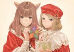  2girls absurdres animal_ears avatar_(ff14) blonde_hair brown_background brown_hair cat_ears cloak closed_mouth commentary_request ff14yonah final_fantasy final_fantasy_xiv fur-trimmed_cloak fur_trim gift grey_eyes hands_up highres holding holding_gift hyur long_hair long_sleeves looking_at_viewer miqo&#039;te multiple_girls parted_lips red_cloak red_headwear red_robe short_hair smile snowflakes sweater turtleneck turtleneck_sweater upper_body white_sweater 
