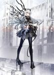  1girl absurdres armor bangs bird black_legwear black_skirt building chain closed_mouth commentary expressionless fantasy from_behind full_body grey_eyes high_heels highres long_hair looking_at_viewer looking_back nanaponi original outdoors pauldrons shadow shoulder_armor skirt solo standing thigh-highs tiara vambraces white_hair 