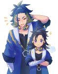  1boy 1girl adaman_(pokemon) adaman_(pokemon)_(cosplay) akari_(pokemon) arm_behind_head arm_wrap bangs black_hair black_robe blue_coat blue_eyes blue_hair blush brown_eyes closed_mouth coat collar collarbone commentary_request cosplay crossed_arms eyebrow_cut frown green_hair hand_in_pocket highres looking_at_viewer notice_lines open_mouth pokemon pokemon_(game) pokemon_legends:_arceus punico_(punico_poke) smile sparkle sparkling_eyes teeth tied_hair tongue upper_teeth white_background 