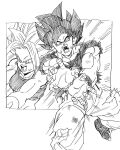  battle_damage dragon_ball dragon_ball_super highres jewelry kamehameha kefla_(dragon_ball) lineart looking_at_viewer looking_to_the_side muscular open_mouth shouting simple_background son_goku spiky_hair super_saiyan torn_clothes ultra_instinct youngjijii 