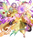  1girl attack bang closed_mouth different_eyes dress fire_emblem_heroes flower green_eye heterochromia holding holding_basket idunn_(fire_emblem) leg_up long_hair long_sleeves magic official_art pointy_ears purple_hair red_eye sidelocks smile white_background wide_sleeves 