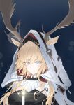  1girl absurdres animal_ears antlers_through_headwear arknights baimo848 black_shirt blonde_hair blue_background blue_eyes blurry bokeh coat deer_antlers deer_ears deer_girl depth_of_field ears_through_headwear glowing highres hood hood_up long_hair looking_at_viewer portrait shirt sidelocks smile solo vivienne_(arknights) white_coat white_hood 