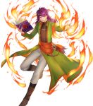  1boy bangs black_shirt book boots brown_footwear coat fire fire_emblem fire_emblem:_the_binding_blade fire_emblem_heroes green_coat hairband highres holding holding_book hugh_(fire_emblem) ichibi long_hair long_sleeves looking_at_viewer male_focus non-web_source official_art open_clothes open_coat pants purple_hair red_sash sash shirt solo transparent_background violet_eyes white_pants 