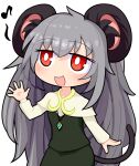  1girl animal_ears bangs blush cookie_(touhou) cowboy_shot dress eyebrows_visible_through_hair grey_hair hair_between_eyes hospital_king long_hair long_sleeves mouse_ears mouse_girl mouse_tail musical_note nazrin nyon_(cookie) open_mouth red_eyes sidelocks smile tail touhou very_long_hair waving 