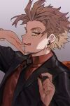  1boy 1girl black_jacket black_necktie blazer blonde_hair boku_no_hero_academia collared_shirt ear_piercing earrings eyeliner face facial_hair facial_mark feathered_wings formal from_side goatee grey_background hand_on_another&#039;s_arm hand_on_another&#039;s_face hawks_(boku_no_hero_academia) holding jacket jewelry licking_lips looking_at_viewer makeup male_focus mm39572 naughty_face necktie out_of_frame piercing red_feathers red_shirt red_wings shirt short_hair solo_focus stubble stud_earrings suit suit_jacket tongue tongue_out upper_body wing_collar wings yellow_eyes 