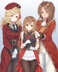  3girls absurdres beret blonde_hair brown_hair commission drill_hair female_commander_(girls&#039;_frontline) fn-49_(girls&#039;_frontline) girls_frontline green_eyes hat highres lee-enfield_(girls&#039;_frontline) long_hair military military_hat military_uniform multicolored_hair multiple_girls necktie red_eyes redhead rynzfrancis smile streaked_hair twin_drills two-tone_hair uniform 