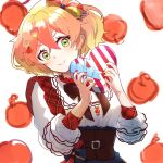  1girl apple apple_hair_ornament black_bow blue_bow blush bow brown_corset corset food food-themed_hair_ornament freyja_wion frilled_shirt frills fruit hair_bow hair_ornament heart heart_hair_ornament macross macross_delta mitou_yako orange_hair red_bow red_nails shirt short_hair smile solo upper_body v-shaped_eyebrows white_shirt yellow_bow 