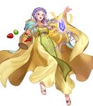  1girl attack bang closed_mouth different_eyes dress fire_emblem_heroes flower green_eye heterochromia holding holding_basket idunn_(fire_emblem) leg_up long_hair long_sleeves official_art pointy_ears purple_hair red_eye sidelocks smile white_background wide_sleeves 