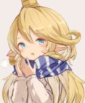  1girl :o blonde_hair blue_eyes blue_scarf blush charlotta_(granblue_fantasy) cold commentary_request crown eyebrows_visible_through_hair granblue_fantasy hair_between_eyes harvin highres long_hair looking_at_viewer mote_max pointy_ears scarf solo striped striped_scarf upper_body 