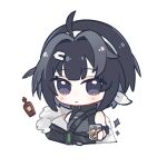 1girl ahoge arknights bangs bare_shoulders black_eyes black_hair black_jacket black_shirt blush bottle chibi closed_mouth commentary_request cropped_torso cup drinking_glass eyebrows_visible_through_hair fur-trimmed_jacket fur_trim hair_intakes hair_ornament hairband hairclip holding holding_cup jacket la_pluma_(arknights) looking_at_viewer shirt simple_background sleeveless sleeveless_shirt solo sparkle squirrel1621 upper_body white_background white_hairband