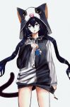  1326496175 1girl alternate_costume animal_ears animal_hood arknights black_hair black_hoodie blaze_(arknights) blue_eyes cat_ears cat_girl cat_hood cat_tail cellphone cowboy_shot drawstring drinking_straw_in_mouth hair_between_eyes highres holding holding_carton holding_phone hood hood_up hoodie long_hair looking_at_viewer milk_carton mouth_hold no_pants phone simple_background smartphone straight-on tail two-tone_hoodie very_long_hair white_background white_hoodie 