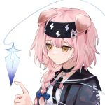  1girl animal_ears arknights black_choker black_hairband black_jacket blue_bow bow braid cat_ears choker clothes_writing eyebrows_visible_through_hair floppy_ears goldenglow_(arknights) hair_bow hairband jacket lightning_bolt_print long_hair open_clothes open_jacket pink_hair poking shirt simple_background solo upper_body white_background white_shirt xx_(m1yee) yellow_eyes 