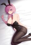  1girl animal_ears bare_shoulders bed_sheet between_breasts black_footwear black_legwear black_leotard blush breasts closed_mouth clothing_cutout commentary commission detached_collar fate/grand_order fate_(series) feet_out_of_frame hair_over_one_eye handa_guryu high_heels large_breasts leotard looking_at_viewer lying mash_kyrielight navel navel_cutout necktie necktie_between_breasts on_side pantyhose pink_hair playboy_bunny rabbit_ears red_necktie short_hair skeb_commission solo violet_eyes wrist_cuffs 