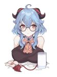  1girl ahoge bangs bare_shoulders bell black-framed_eyewear blue_hair blush breasts detached_sleeves ganyu_(genshin_impact) genshin_impact glasses goat_horns highres horns large_breasts long_hair looking_at_viewer mayuree milk parted_lips red_eyes sidelocks simple_background solo upper_body violet_eyes white_background 