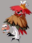  absurdres animal_focus bird closed_mouth commentary_request crossed_arms grey_background highres hisuian_decidueye iki_(4sarabyebye) looking_at_viewer no_humans orange_eyes pokemon pokemon_(creature) red_pupils rowlet standing talons 