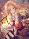  1girl artist_name bird blonde_hair blue_eyes bug butterfly clouds day forehead highres kellymonica02 long_hair looking_at_viewer original outdoors shawl shoes signature skirt sky smile solo sunset sweater 