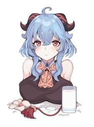  1girl ahoge bangs bare_shoulders bell blue_hair blush breasts detached_sleeves ganyu_(genshin_impact) genshin_impact goat_horns highres horns large_breasts long_hair looking_at_viewer mayuree milk parted_lips red_eyes sidelocks simple_background solo upper_body violet_eyes white_background 