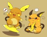  :3 :t =3 alolan_raichu animal_focus annoyed blush blush_stickers brown_background brown_sclera closed_eyes closed_mouth colored_sclera commentary_request fang floating full_body happy highres holding_own_tail monochrome musical_note no_humans open_mouth pawpads pokemon pokemon_(creature) pout raichu simple_background sitting smile speech_bubble spoken_musical_note standing subaru331 tail u_u white_eyes 