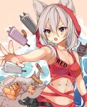  1girl :o alternate_costume animal_ears apple_pie arknights artist_name beach bikini blush breasts character_name commission grey_hair hair_between_eyes hakobunn highres hood hood_up medium_breasts medium_hair navel open_mouth outstretched_hand pouch projekt_red_(arknights) red_bikini red_wristband sand second-party_source solo swimsuit tail teeth upper_body upper_teeth v-shaped_eyebrows water wolf_ears wolf_girl wolf_tail yellow_eyes 
