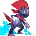  claws closed_mouth commentary_request fangs fangs_out full_body glint highres mian_(3zandora) no_humans pokemon pokemon_(creature) red_eyes smoke solo standing weavile white_background 