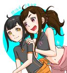  2girls :d absurdres aobito_sukayaka_bystander black_hair brown_hair chikyuugai_shounen_shoujo hand_on_another&#039;s_shoulder highres midriff misasa_miina multiple_girls nanase_konoha navel ponytail short_hair short_sleeves sidelocks simple_background sleeveless smile yellow_eyes 