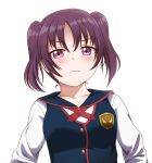  1girl absurdres blush closed_mouth collarbone eyebrows_visible_through_hair highres jan_azure kazuno_leah long_sleeves looking_at_viewer love_live! love_live!_sunshine!! purple_hair short_hair short_twintails solo transparent_background twintails upper_body violet_eyes 