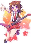  1girl :d absurdres bang_dream! bangs black_legwear black_shorts breasts brown_hair caramell0501 collared_shirt commentary_request electric_guitar eyebrows_visible_through_hair guitar hair_cones high_heels highres holding holding_instrument instrument long_hair looking_at_viewer necktie outstretched_arm pleated_skirt red_footwear red_necktie red_skirt shirt short_shorts shorts showgirl_skirt skirt sleeveless sleeveless_shirt small_breasts smile socks solo standing standing_on_one_leg star_(symbol) starry_background suspender_skirt suspenders toyama_kasumi violet_eyes white_shirt 