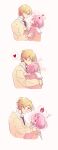  1boy 1girl absurdres blonde_hair blush closed_eyes hand_on_another&#039;s_head heart highres hug long_sleeves looking_at_another momomo_(m0_3) necktie open_mouth pink_hair pink_sweater project_sekai sailor_collar school_uniform short_hair simple_background sweater white_sailor_collar yellow_sweater 