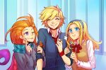  1boy 2girls :p alternate_costume bangs blonde_hair blue_eyes bow bowtie closed_eyes collared_shirt ezreal facing_viewer green_hairband green_jacket grin hairband hand_up hands_up jacket jewelry league_of_legends long_hair lux_(league_of_legends) multiple_girls one_eye_closed orange_hair pink_hair pout red_bow red_bowtie red_wristband ring shirt short_hair smile teeth tongue tongue_out violet_eyes vmat white_shirt zoe_(league_of_legends) 