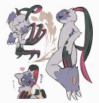  :d claws closed_eyes commentary_request drooling eyelashes fang fangs food heart highres mouth_drool onigiri open_mouth pokemon pokemon_(creature) red_eyes smile sneasler ta0oxo0ma tongue translation_request white_background 