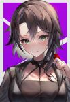  1girl absurdres azur_lane bangs between_breasts black_choker black_dress blush breasts brown_hair choker commentary dress exeter_(a_glorious_toast)_(azur_lane) exeter_(azur_lane) eyebrows_visible_through_hair flower green_eyes hair_between_eyes hair_flower hair_ornament hair_over_shoulder hand_up highres kabi_(zcwd8845) large_breasts long_hair looking_at_viewer official_alternate_costume parted_lips purple_background see-through see-through_dress sidelocks solo strap_between_breasts upper_body white_background 