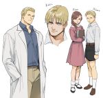  1girl 3boys alexia_ashford alfred_ashford belt blonde_hair blue_eyes brown_hair closed_mouth dress jack_krauser long_hair multiple_boys psmhbpiuczn resident_evil resident_evil_2 resident_evil_4 resident_evil_code:_veronica shorts simple_background smile white_background william_birkin 