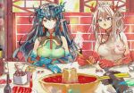  1326496175 1girl 3girls :o arknights arm_tattoo bead_bracelet beads black_hair black_skin bracelet braid breasts china_dress chinese_clothes chopsticks colored_skin dragon_horns dress dusk_(arknights) dusk_(everything_is_a_miracle)_(arknights) food green_dress green_hair green_skin hair_between_eyes highres holding holding_chopsticks horns hotpot indoors jewelry ling_(arknights) long_hair medium_breasts multicolored_hair multiple_girls nian_(arknights) nian_(unfettered_freedom)_(arknights) official_alternate_costume pointy_ears pov red_skin redhead siblings sisters sitting sleeveless sleeveless_dress steam streaked_hair tattoo violet_eyes white_dress white_hair yellow_eyes 