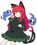  1girl alternate_hairstyle animal_ears bangs cat_ears cat_tail closed_mouth dress eyebrows_visible_through_hair green_dress hair_down hitodama ini_(inunabe00) juliet_sleeves kaenbyou_rin long_hair long_sleeves looking_at_viewer multiple_tails nekomata puffy_sleeves red_eyes redhead simple_background solo tail touhou two_tails white_background 