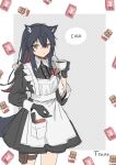  1girl alternate_costume animal_ears apron arknights black_dress black_gloves black_hair candy character_name chocolate chocolate_bar coffee_mug collar colored_inner_hair cowboy_shot cup dress enmaided food gloves hair_between_eyes hand_up holding holding_cup italian_text long_hair maid mug multicolored_hair o pocket pocky red_(girllove) red_eyes redhead solo speech_bubble tail texas_(arknights) thigh_pouch white_apron white_collar wolf_ears wolf_girl wolf_tail 
