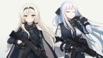  2girls ak-12 ak-12_(girls&#039;_frontline) an-94 an-94_(girls&#039;_frontline) assault_rifle black_gloves blonde_hair braid breasts closed_eyes dlarudgml21 french_braid girls_frontline gloves green_eyes gun highres holding holding_gun holding_weapon kalashnikov_rifle long_hair long_sleeves magazine_(weapon) mask mask_around_neck medium_breasts multiple_girls reflex_sight rifle scope sidelocks sight silver_hair tactical_clothes weapon 