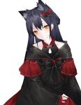  0_(znanimo) 1girl absurdres alternate_costume animal_ears arknights black_bow black_bowtie black_dress black_hair bow bowtie dress ear_piercing extra_ears hair_between_eyes hair_bow highres long_hair looking_at_viewer piercing red_bow red_bowtie shoulder_peek simple_background solo texas_(arknights) two-tone_bow upper_body white_background wolf_ears yellow_eyes 